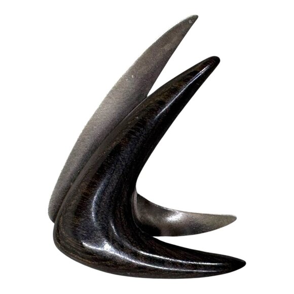 Vtg Abstract Modernist Brooch Pin Boomerang MCM Artistic Design 2.5" Silver Wood - Picture 1 of 4